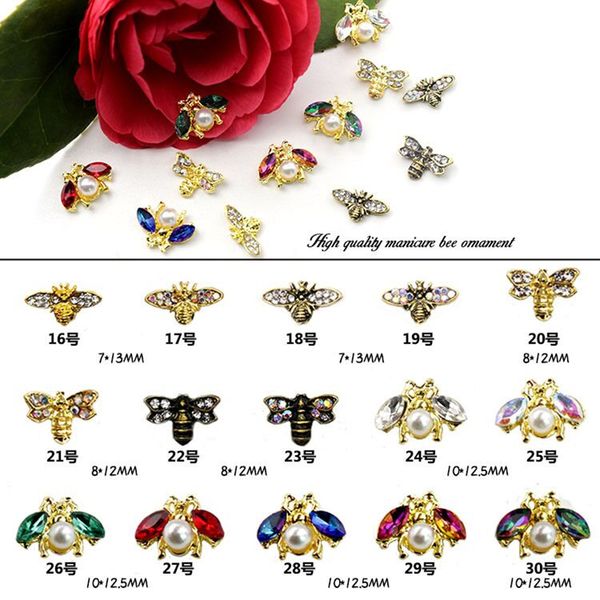

10pcs metal alloy bee design 3d nail art decorations charm crystal pearl jewelry gem japanese style manicure design accessories, Silver;gold