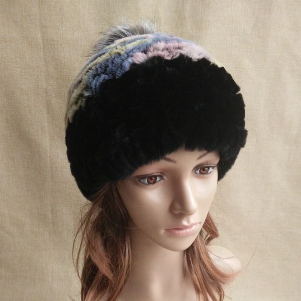 

women genuine knitted rex fur hats russian hat ushanka natural stripe rex fur caps, Blue;gray