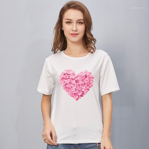

casual loose womens t shirt heart print short sleeve tees summer designers crew neck female, White