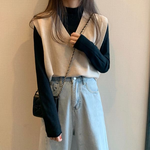 

2020 spring new korean women vest preppy style casual v-neck knitted vests women clothing high quality, White