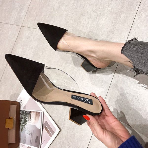 

pointed toe suede square heel high heels muller slippers women 2020 summer shoes women fashion patchwork shallow ladies shoes, Black