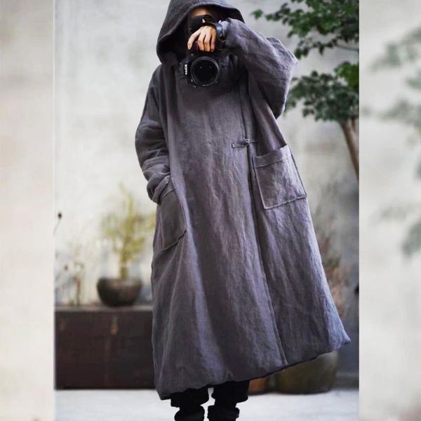 

women vintage coat outerwear ladies winter padded long coat overcoat female retro oat linen thick padded hooded parkas, Black