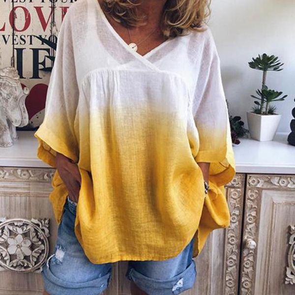 

women's blouses & shirts 2021 summer korean ladies v-neck loose 3/4 sleeve shirt casual gradient bat blouse oversize, White