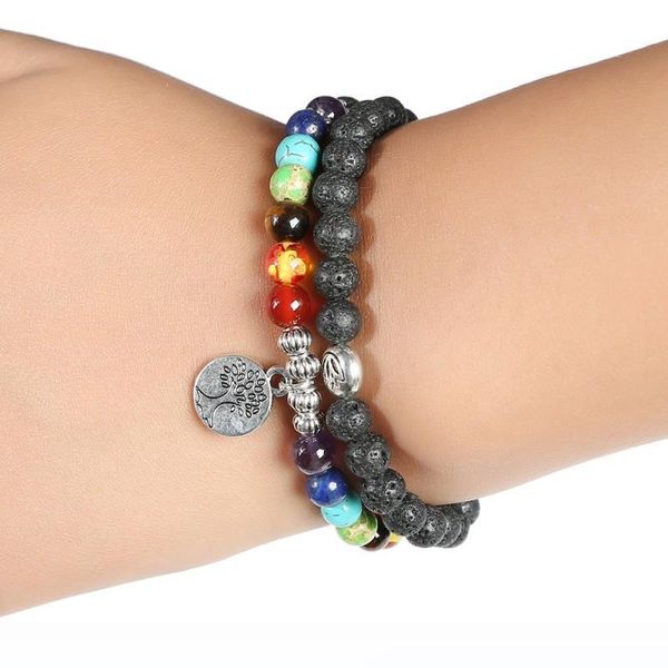 

7 chakra 6mm silver bracelet black lava stone life tree healing balance beads reiki buddha prayer natural stone yoga bracelet gift d233s, Golden;silver