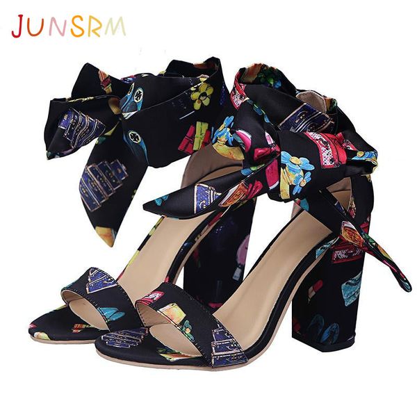 

junsrm flock high heel summer style ribbon sandals vintage black fashion ankle strap pumps bow-knot casual shoes