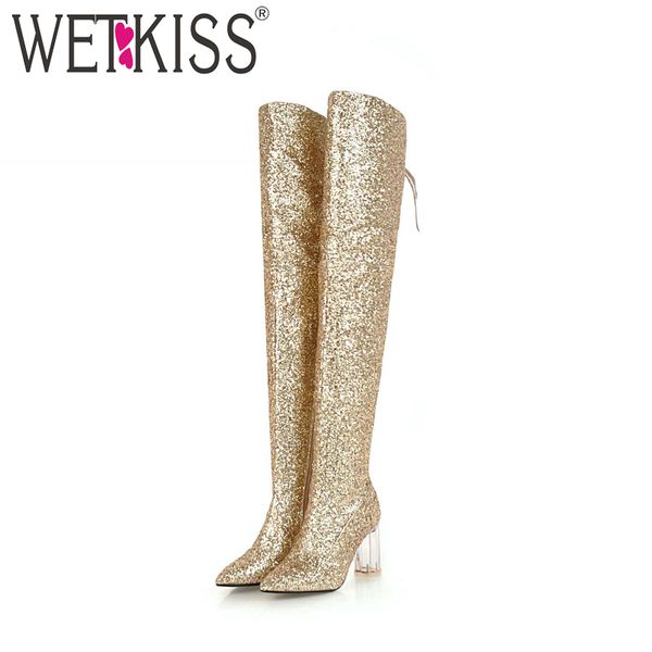 

wetkiss transparent high heels women boot pointed toe sequinted cloth footwear over the knee female boots shoes woman winter, Black