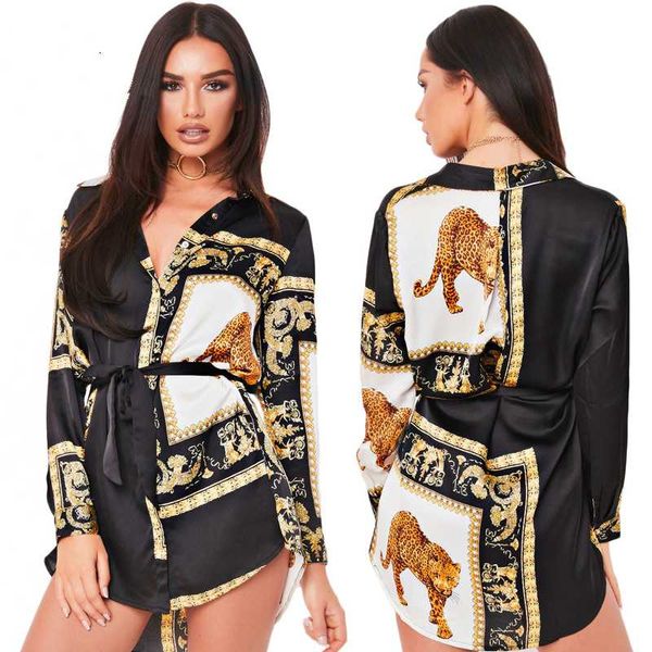 

fashion lapel long sleeve cardigan print split long blouse women stylish street trend women's shirt dress chemise femme, White