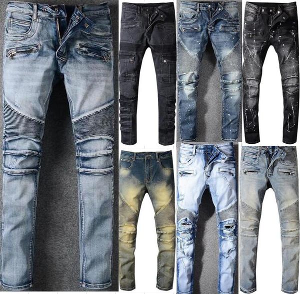

men distressed ripped skinny biker jeans slim fit motorcycle biker denim for pants hip hop mens jeans, Blue