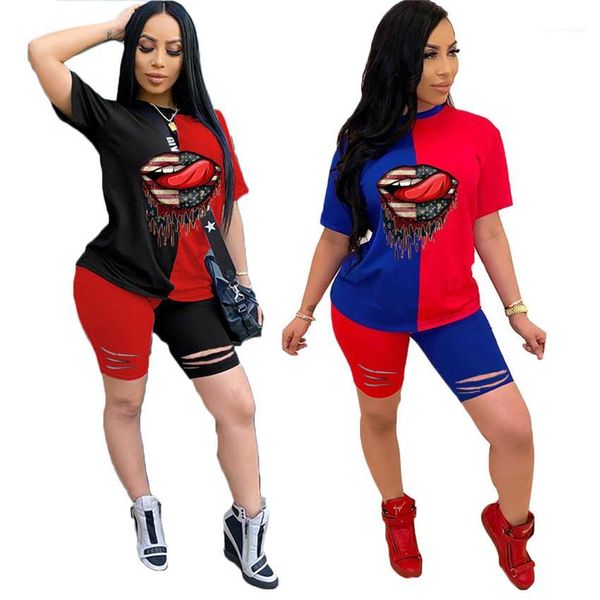 

outfits summer woman sports casual sets holes designer lips womens tracksuits patchwork o-neck short sleeve ladies two pieces, Gray