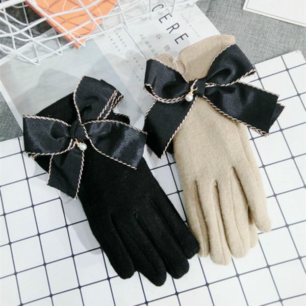 

new korean touch screen cashmere khaki black gloves wool bow warm knitted women spring winter gloves thick mittens, Blue;gray