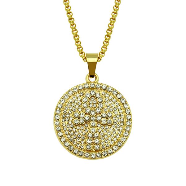 

bling ankh key pendant pave rhinestone out cross necklace men hip hop jewelry gift 30 inches link chain, Silver