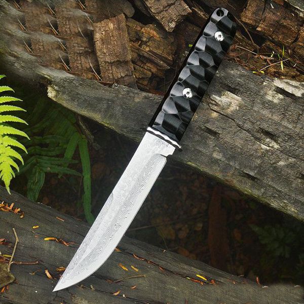 Hochwertiges Damaskus-Samurai-Messer, VG10-Damaststahl-Drop-Point-Klinge, voller Zapfen, Ebenholzgriff, gerade Messer mit Lederscheide