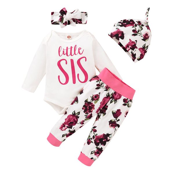 

baby floral outfits infant girls cartoon letter printed toddler baby romper kids flower striped pants headband hats 4 pcs suit 060807, White