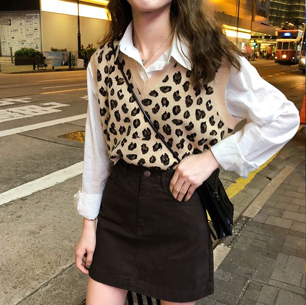 

new leopard vest knitted female vintage oversize spring autumn women vest wool sweater vests poullovers sleeveless female vest