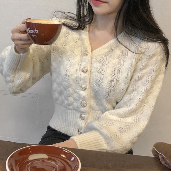 

women's knits & tees sweater korean style vintage v-neck knitted short carigans latern sleeve elastic loose fluffy jumper outwears 2021, White