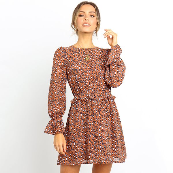 

flare sleeve ruffles trim printed dress woman autumn fashion a-line long sleeve round neck mini dresses, Black;gray