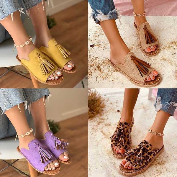 

women's sandals beautiful rome style tassel leopard print summer shoes for women comfy gladiator flat sandals female slides shoe, Black