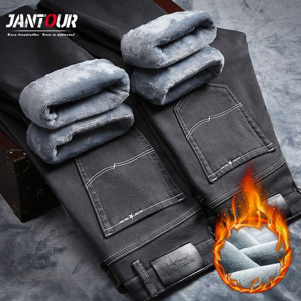 

men's jeans jantour brand autumn winter mens thick fleece business casual stretch denim warm for men classic fashion gray 28-40, Blue