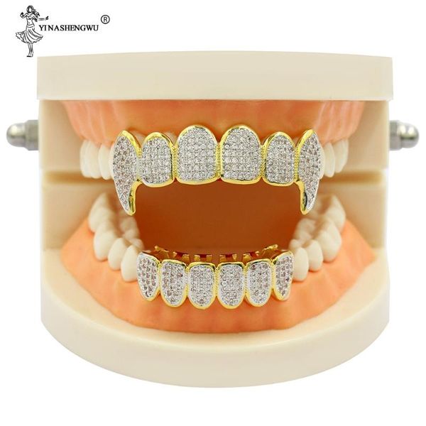 

teeth grillz hip hop grillz iced out cz fang mouth caps & bottom tooth set men women vampire grills body jewelry for men new, Slivery;golden