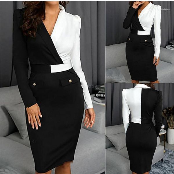 

ol style female clothing autumn womens designer work dress mini contrast color lapel neck fake pockets pencil dress, White;black