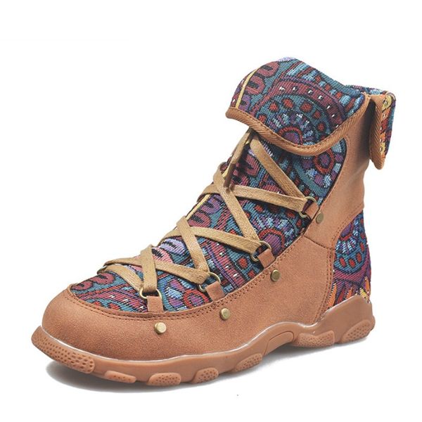 

2020 winter women's boots fashion retro printed women warm boots retro national style colorblock zipper ankle boots, Black