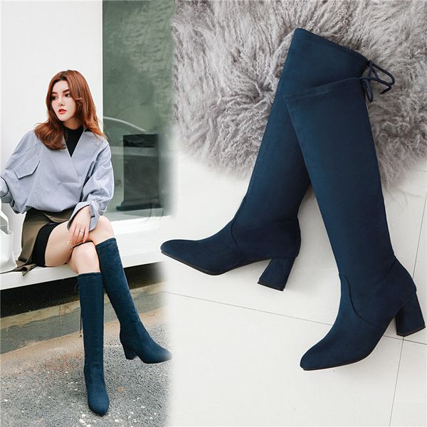 

yqbtdl 2020 winter long knee high boots pointed toe elastic stretch flock womens high heel riding boots blue shoes woman 43, Black