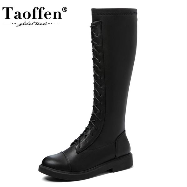 

taoffen size 33-44 women knee high boots flat heel zipper woman long boots fashion casual winter shoes daily woman footwear, Black