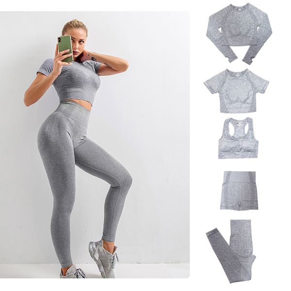 

2/3/5pcs seamless women yoga set workout sportswear gym clothing fitness long sleeve crop high waist leggings sports suits, White;red