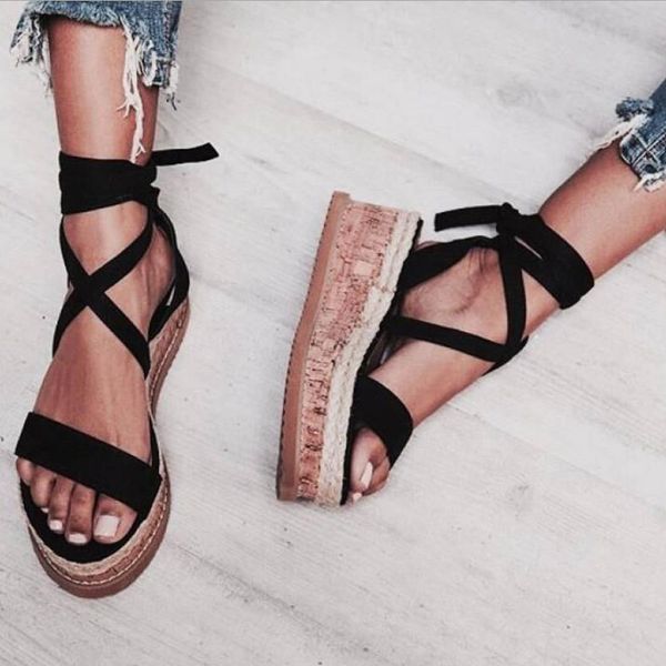 

summer sandals women white wedge espadrilles open toe rome shoes gladiator sandals ladies casual lace up female platform sandals, Black