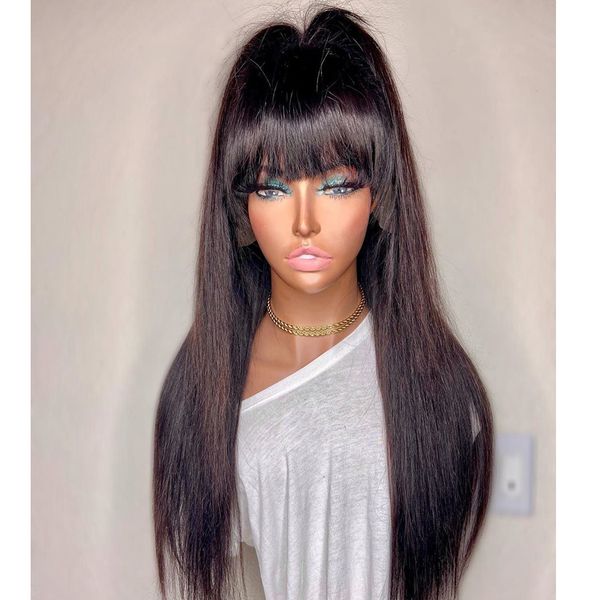 

2020 human hair wigs with bangs brazilian straight full machine made wig no lace front human hair wigs remy hair natural color, Black