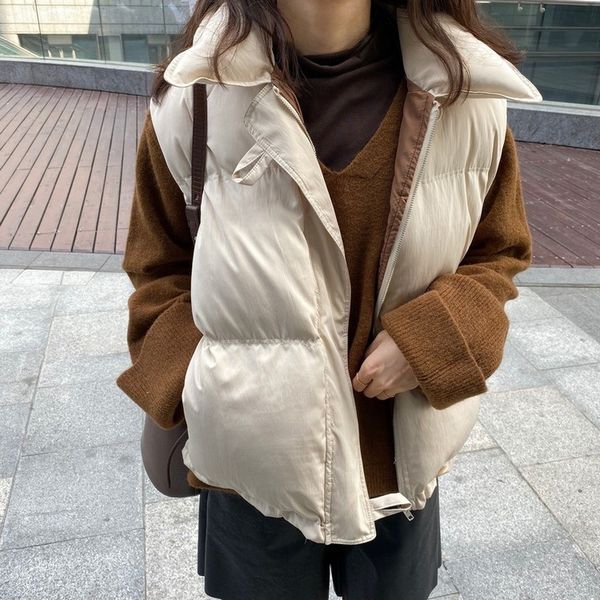 

sleeveless vest women winter keep warm puffer jacket solid stand collar harajuku outwear loose fashion padded vest korean style, Black;white