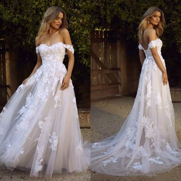 

boho очаровательный цветочной аппликация кружево свадебных платьев линии тюль сад bohemian невеста пляж свадебные платья с плечом сшитого, White