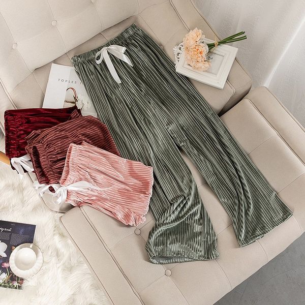 

velvet loose bottoms sleepwear women solid color pajamas 2020 autumn new elastic waist nightwear velour long sleep pants, Black;red