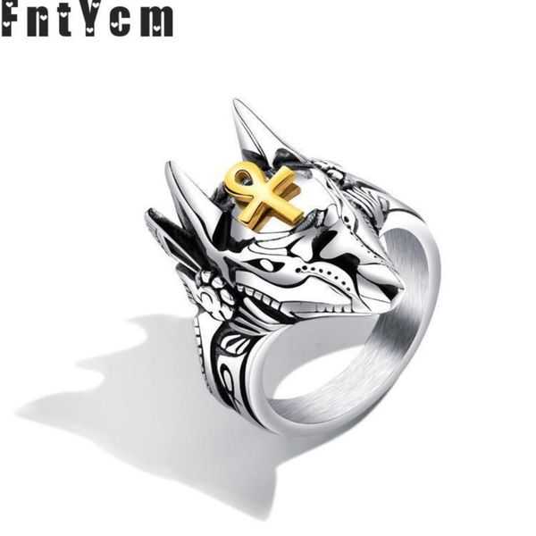 

anubis egypt cross ring stainless steel rings for men mens punk rings anillos bague homme anel masculino jewelry, Golden;silver