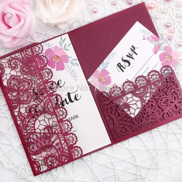 

greeting cards ponatia 20 pcs burgundy laser cut invitations card for wedding bridal shower engagement birthday