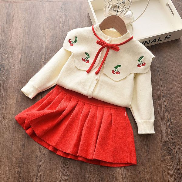 

keelorn girls dress 2020 new autumn winter kids dress peter pan collar long sleeve sweater 2pcs cute pattern for girl, Red;yellow