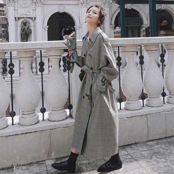 

fashion elegant women's long double-breasted plaid trench coat windproof windbreaker spring autumn lady outerwear female clothes, Tan;black