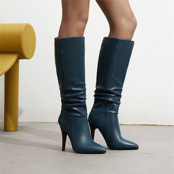 

ymechic winter stiletto high heel long boots pleated blue red black knee high riding boot pointed toe fashion ladies shoes