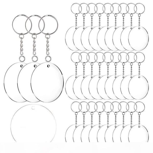

acrylic keychain blanks, 60 pcs 2 inch diameter round acrylic clear discs circles with metal split key chain rings, Silver