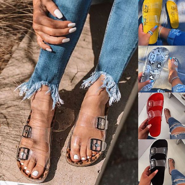 

flat sandals soles beach slippers women transparent jelly candy color female roman style women's buckle slippers, Black