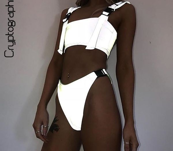 

buckle silver holographic two piece set fashion outfits summer crop festival tracksuit women clothes t200528, Gray