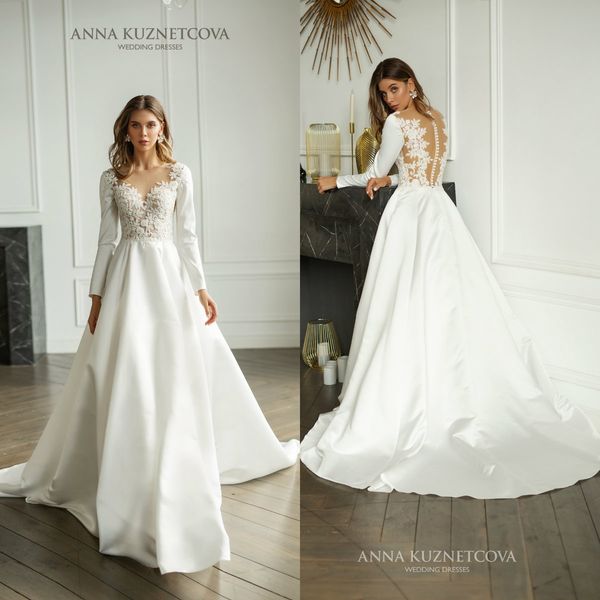 

2021 elegant wedding dresses long sleeves lace appliques beads bridal gowns custom made button back sweep train a-line wedding dress, White