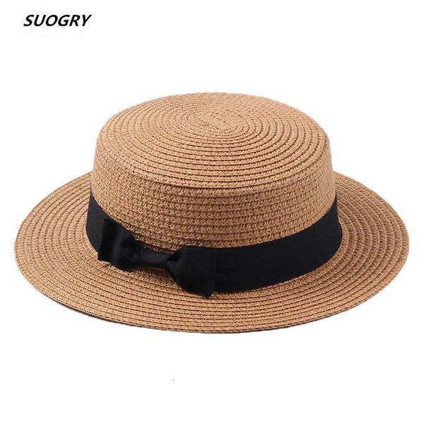 

suogry summer women boater beach hat female casual panama hat lady brand classic bowknot straw flat sun hat women fedora, Yellow