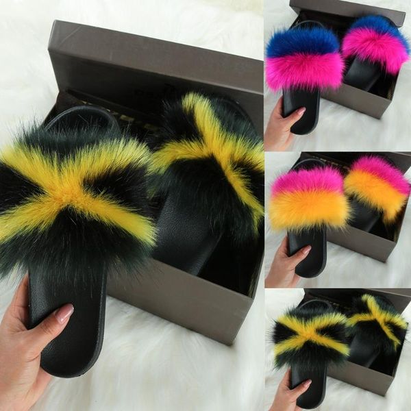 

fur slippers women real fur slides home furry flat sandals female cute fluffy house shoes woman 2020 mujer 5.19, Black