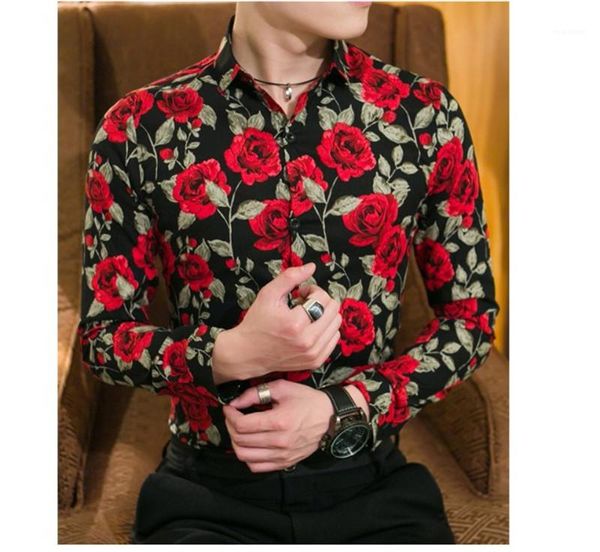

fashion mens long sleeve single breasted slim turn down collar casual shirt floral print homme, White;black