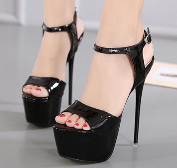 

women's faux leather open toe shoes high heel stage stilettos sandals platform, Black
