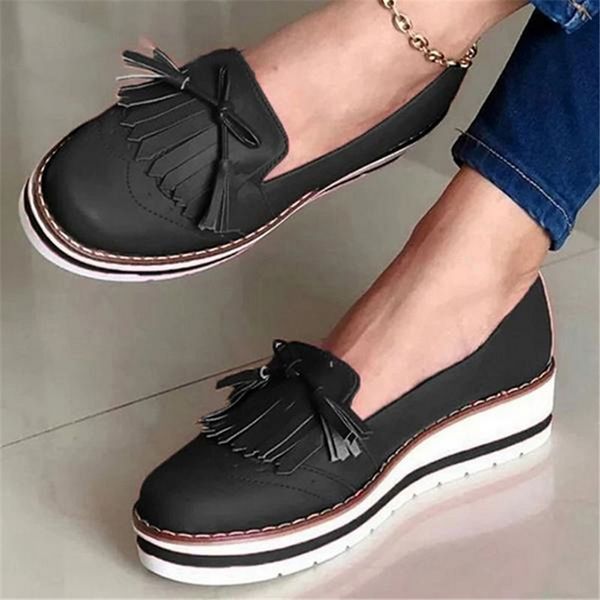 

flats women's loafers tassel pu soft woman slip on sneakers ladies leather sewing platform thick bottom female shoes, Black