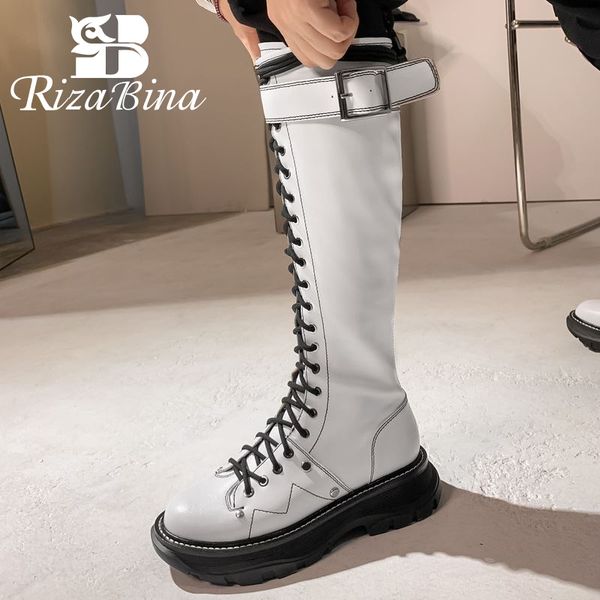 

rizabina women knee high boots round toe thick bottom cross strap buckle decoration punk style shoes female footwear size 34-39, Black