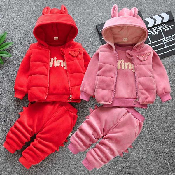 

baby girl clothes children's winter plush thick hooded sweater three-piece suit cartoon bear print vest warm baby girl suit, White