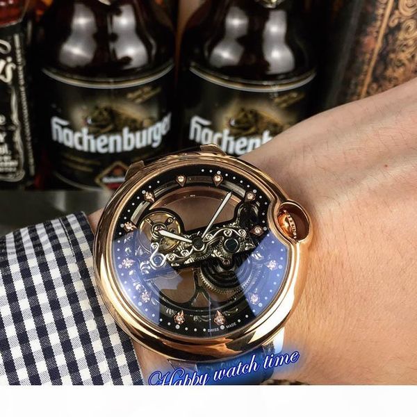 

high version whro0041 skeleton dial rose gold steel case japan miyota automatic movement mens watch black leather strap designer watches, Slivery;brown